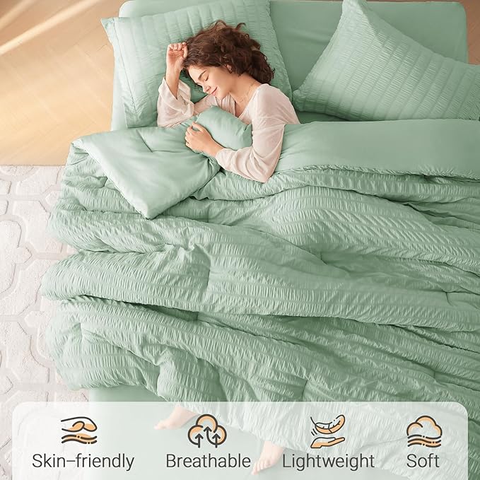 MUXHOMO 5 Pieces Twin Comforter Set, Seersucker Bed in a Bag Twin Size, All Season Luxury Bedding Set with Comforter, Flat Sheet, Fitted Sheet, Pillowcase & Sham, Sage Green