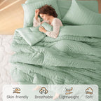 MUXHOMO 5 Pieces Twin Comforter Set, Seersucker Bed in a Bag Twin Size, All Season Luxury Bedding Set with Comforter, Flat Sheet, Fitted Sheet, Pillowcase & Sham, Sage Green