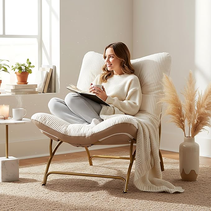 Welnow Accent Lounge Lazy Chair, Comfy Soft Leisure Metal Frame Reading Chair, Upholstered Thick Cushion Seated Recliner Sofa for Living Room, Bedroom, Dorm, Beige