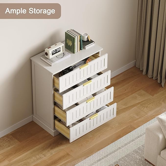 4 Wooden Drawer Dresser for Bedroom Storage, Modern Farmhouse Wood Chest of Drawers with Metal Handles, Wide Storage, Cabinet for Closet, Living Room, or Entryway White