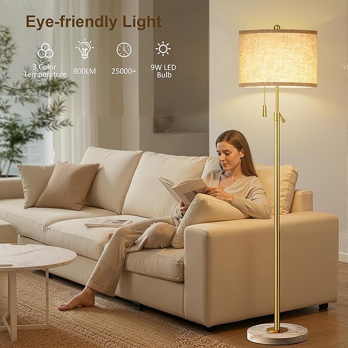 Modern Gold Floor Lamp for Living Room - Adjustable Height Standing Lamp with Marble Base & Linen Shade, 3-Way Dimmable Tall Floor Light for Bedroom, Reading, Bulb Included