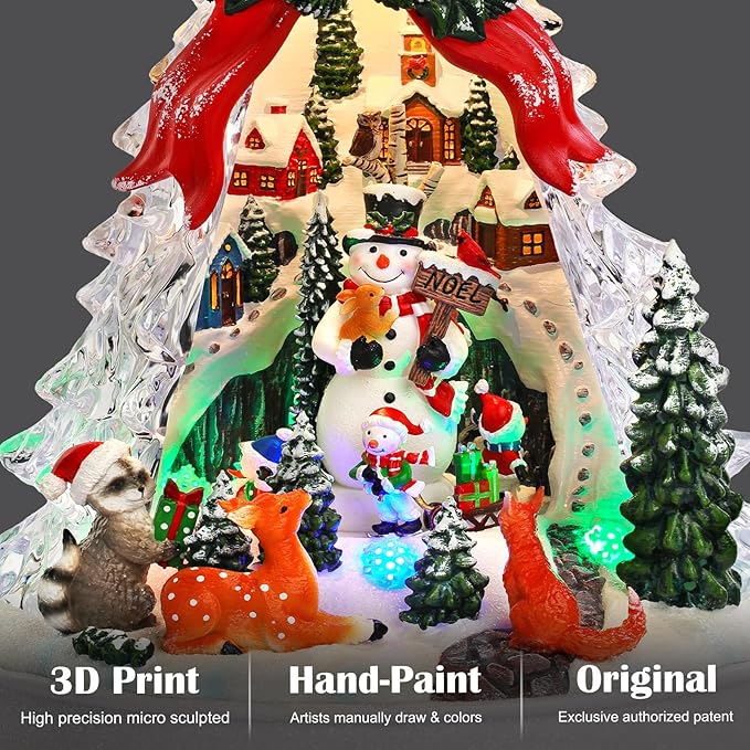 Christmas Village Scene Tree Animated with Rotating Snowman LED Lights Christmas Decorations for Home Gifts Light Up Music USB/Battery Collectible Buildings Figurines