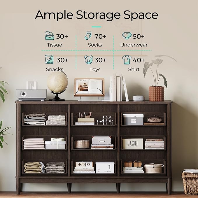 LINSY HOME Rattan Dresser with 9 Deep Drawers, 58" Wide Long Chest of Drawers, Mid Century Modern Tall Dresser, Large Wood Boho Storage Cabinet for Bedroom with Metal Handle and Durable Legs, Walnut