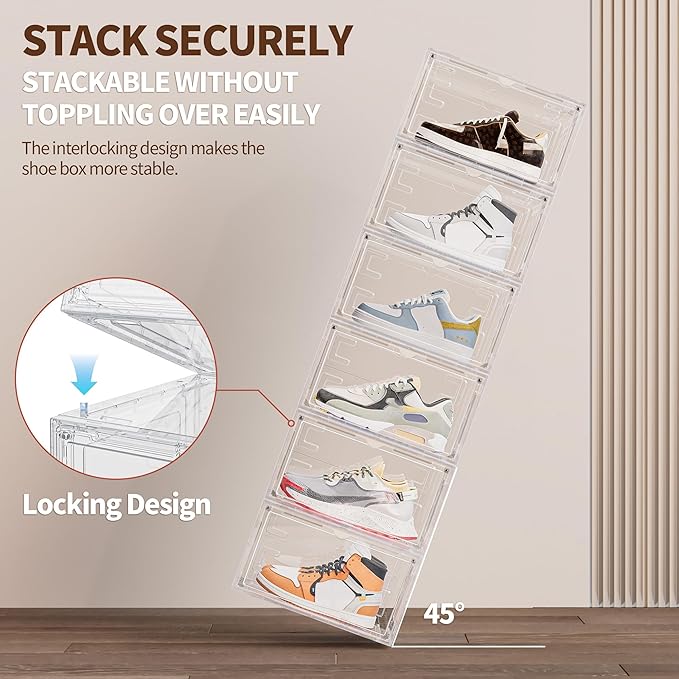 8 Pack XX Large Shoe Organizer, Heavy-Duty Hard Thicken Plastic Clear Stackable Shoe Storage Box Organizer for Closet, Space-Saving Shoe Rack Display Case Bin Containers for Sneakers, Clear