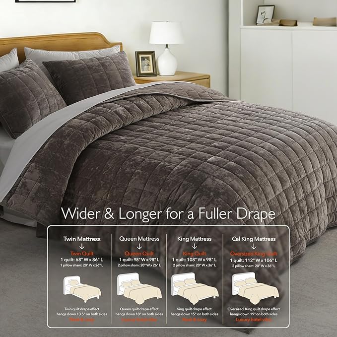 KASENTEX Greek Velvet Twin Quilt Set, 3× Softer Luxe Sheen, 100% Cotton Backing, 150GSM Down-Alternative Fill, Expanded 68×90" Coverage for Fuller Side Drape (1 Quilt + 1 Pillow Shams), Fossil