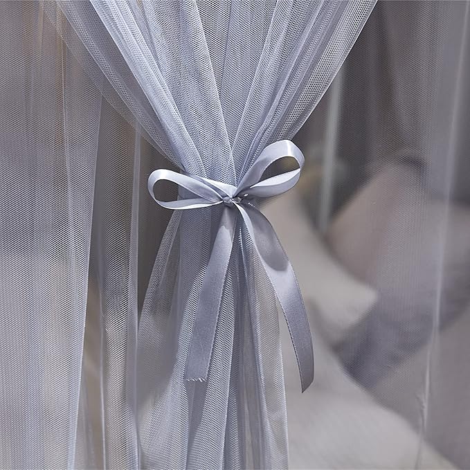 VETHIN 4 Corners Post Princess Bed Canopy Curtain Double Layer Cozy Drape Netting 4 Opening Mosquito Net for Girls & Adults Bedroom Decoration Accessories (Double Gray, 59" W*82" L*82"*H/(Queen))
