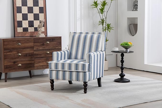KEIKI Vintage Striped Accent Chair with Nailhead Trim, Upholstered Lounge Armchair for Living Room, High Back Reading Chair Bedroom