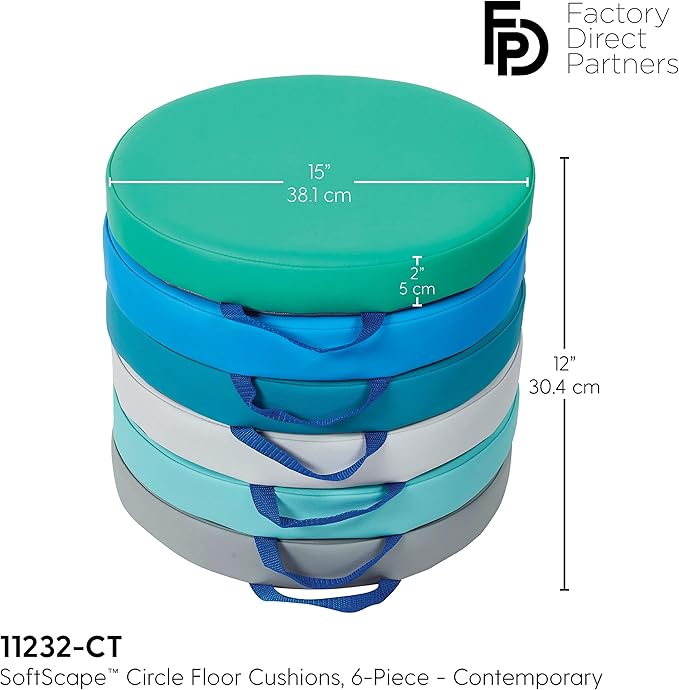 Factory Direct Partners SoftScape 15 inch Round Classroom Floor Cushions with Handles; Flexible Seating for Daycare, Preschool, Playroom; 2 inch Thick Deluxe Foam (6-Piece) - Contemporary, 11232-CT