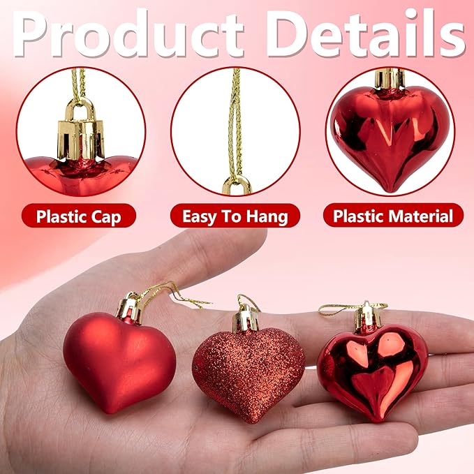 60pcs Valentine's Day Heart Ornaments - Valentine's Mother's Day Heart Baubles Shaped Hanging Ornaments Decoration for Valentine Tree Wedding Anniversary Party (Red)