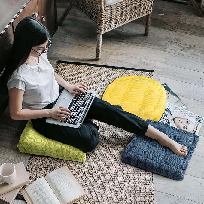 2 Pack Large Square and Round Floor Cushions for Adults Meditation Floor Pillow Green Corduroy Floor Seat Pillows Cushion for Living Room Balcony Tatami Yoga,18x18 Inch