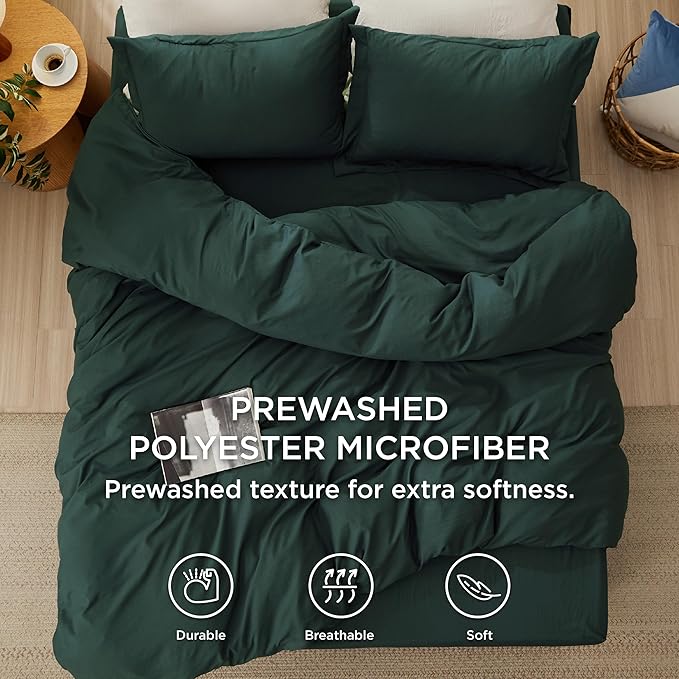 Bedsure Duvet Cover King Size with Fitted Sheet - 4 Pieces Prewashed Cotton-Like Polyester Extra Soft Bedding Set, Includes 1 Duvet Cover 104x90 Inches, 2 Pillow Shams, 1 Fitted Sheet, Forest Green