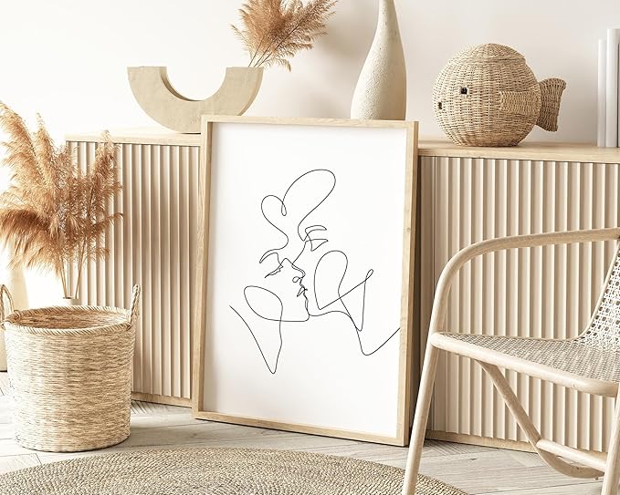 Minimalist Couple Art Wall Art Print Couple Kiss Abstract Line Drawing, Gallery Quality 24"x36" Beige Framed, Abstract Love Aesthetic Decor Bedroom Living Room