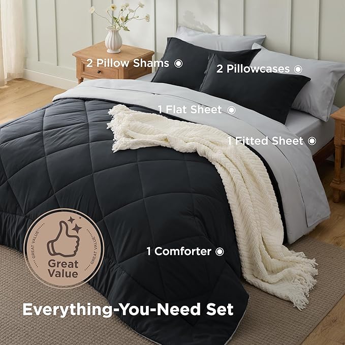 Bedsure Dark Black Queen Comforter Set - 7 Pieces Reversible Queen Bed in a Bag, Bed Set Dark Black and Grey with Comforters, Sheets, Pillowcases & Shams