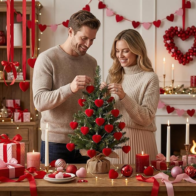 Valery Madelyn 1.57 Inches Valentines Day Heart Tree Decorations for Christmas Ornaments Set, 25ct Velvet Red Shatterproof Valentines Ball Hanging Party Wedding Anniversary Decor