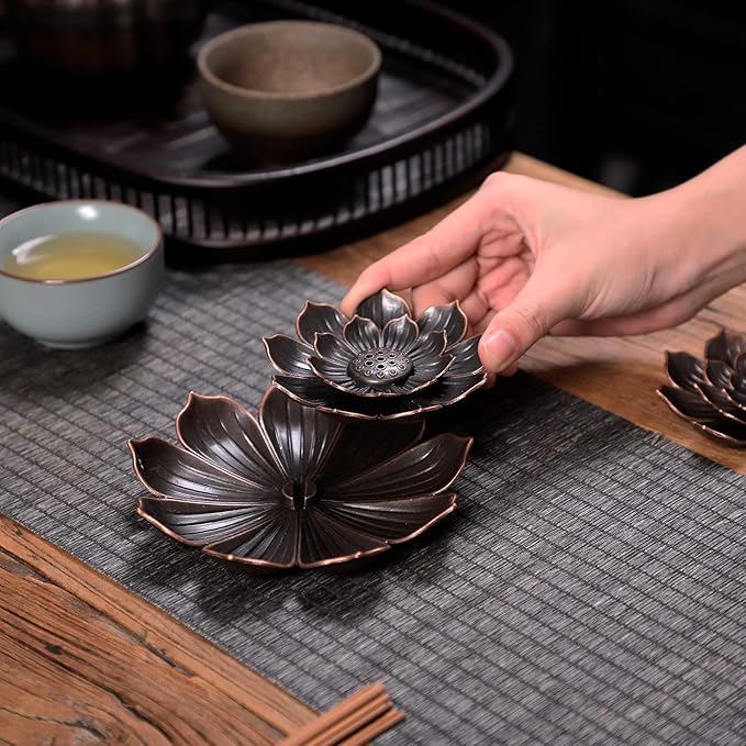Large Incense Holder for Sticks Anti-Ash Spilling, Brass Lotus Incense Stick Holder and Detachable Ash Catcher