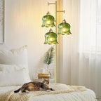 Glass Floor Lamp for Living Room,Bedroom,Mid Century Modern Standing Lamp Brass Tree 3 Light Tall Floor Lamps Vintage Retro Floor Lights Gold Green Flower Lamp Shade Farmhouse Boho Bohemian