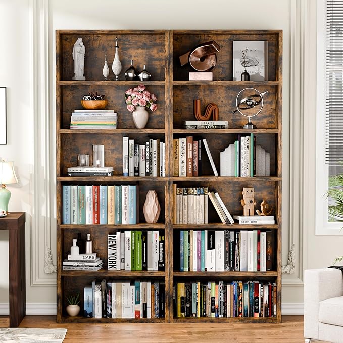 6-Tier Industrial Bookcase, 63" Tall Freestanding Wood Bookshelf with Open Display Storage Shelves for Living Room, Bedroom, Home Office, Rustic Brown