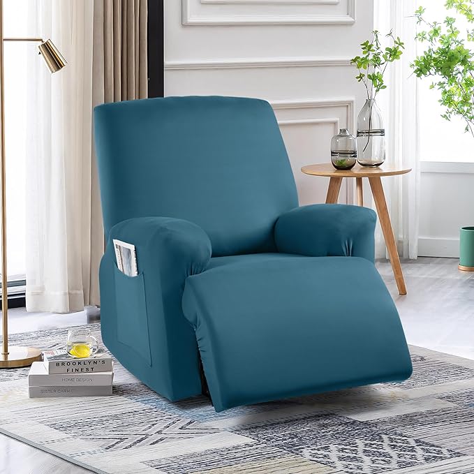 TAOCOCO Recliner Chair Covers 4-Pieces for Oversized Recliner, Stretch Recliner Cover for Large Chair Washable Polyester Soft Fabric Furniture Protector(Oversized Recliner, Turquoise Blue)