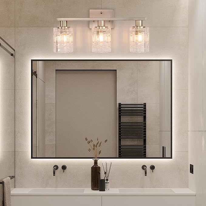 3 Light Brushed Nickel Bathroom Vanity Light Over Mirror, Modern Vanity Lighting with Crystal Glass Shade, Wall Mount Bathroom Light Fixtures, E26 Base