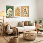 CHDITB Bohemian Sun Floral Framed Canvas Wall Art Set, Mystical Nature Wall Decor, Celestial Sun Art Prints, Vintage India Posters for Wall Modern Art Sunroom Living Room Office Art Prints 24"x36"x3