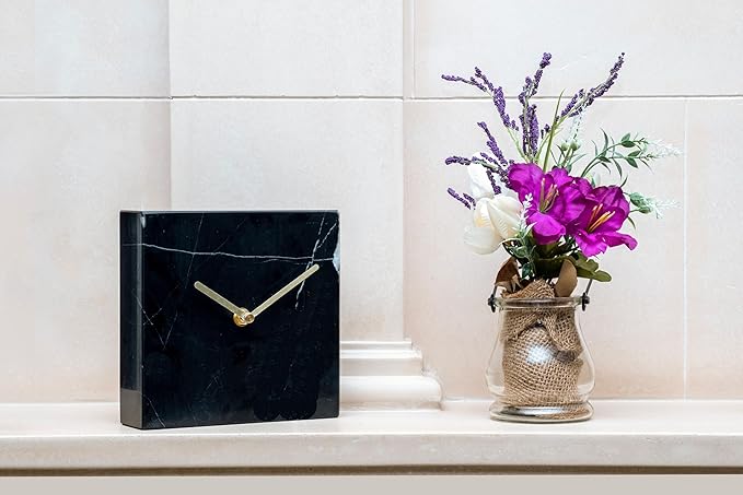 Solid Marble Modern Mantle Clock, Minimalist Clock - Sleek Marble Fireplace Decor with Unique Streaks, Square Analog Design for Decorations in Living Room and Mantel Decoration Fireplace