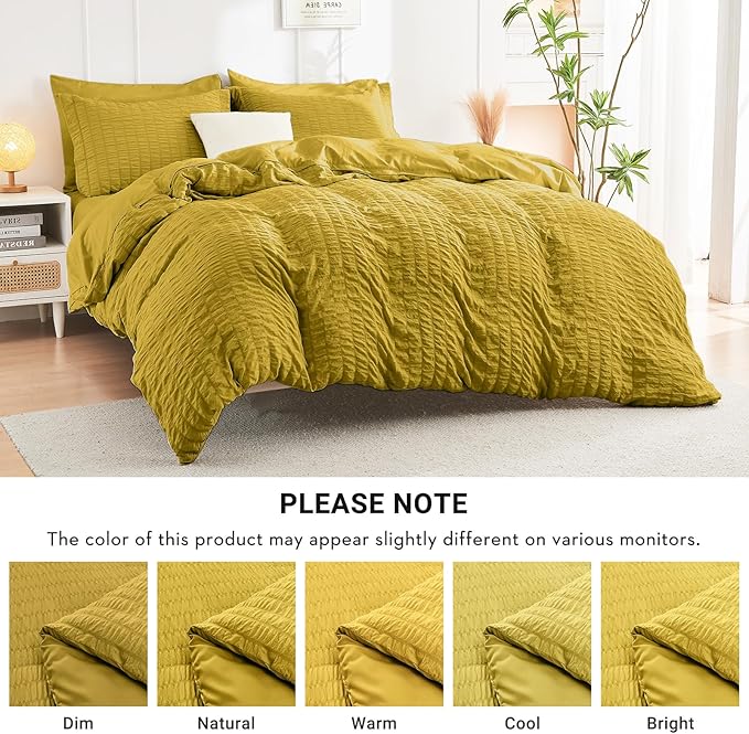 HYMOKEGE Mustard Yellow Queen Comforter Set Seersucker 7 Pieces, All Season Luxury Bed in a Bag Queen for Bedroom, Bedding Set with Comforter, Sheets, Pillowcases & Shams