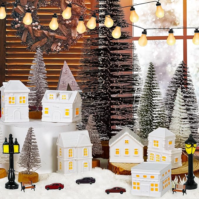 29 Pcs 1.5 Inch Christmas Miniature Houses Figurines Miniature White Resin Houses Christmas Miniature Village Set Christmas Miniature Town for Mini Christmas Scene Micro Landscape Decor