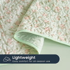 Wake In Cloud - Floral Quilt Set, Coquette Cottagecore Shabby Chic Flower Pattern for Women Teen Girls, Reversible Lightweight Bedspread Coverlet, 3 Pieces, Green Pink, Queen/Full Size