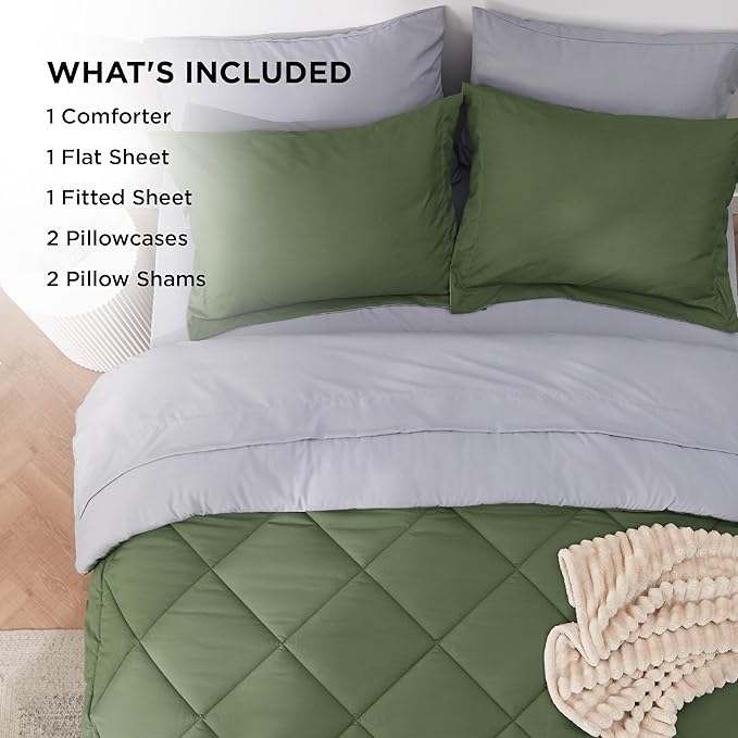 Bedsure King Size Comforter Set - 7 Pieces Reversible Olive Green Bedding, King Size Bed Set for All Seasons, Bed in a Bag with Down Alternative Comforter, Sheets, Pillowcases & Shams