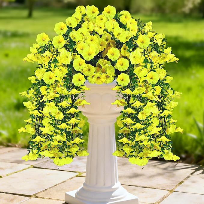 Artificial Hanging Flowers for Outdoors, 4 PCS UV Resistant Faux Plants Silk Realistic 150 Morning Glory Each Vines, Fake Plastic Floral for Garden Patio Spring Summer Decor, Yellow