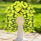 Artificial Hanging Flowers for Outdoors, 4 PCS UV Resistant Faux Plants Silk Realistic 150 Morning Glory Each Vines, Fake Plastic Floral for Garden Patio Spring Summer Decor, Yellow