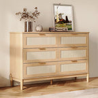 LINSY HOME Rattan Dresser with 6 Deep Drawers, 47" Wide Long Chest of Drawers, Mid Century Modern Tall Dresser, Large Wood Boho Storage Cabinet for Bedroom with Metal Handle and Durable Legs, Oak