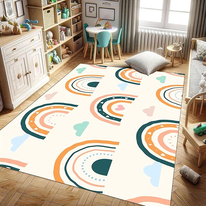 Children's Carpet Girl's Bedroom Rainbow Carpet Living Room Area Rugs Soft Washable Non-Slip Rugs Simple Lovely Rainbow White Cloud Print Children's Room Nursery Decoration Beige 3x4ft