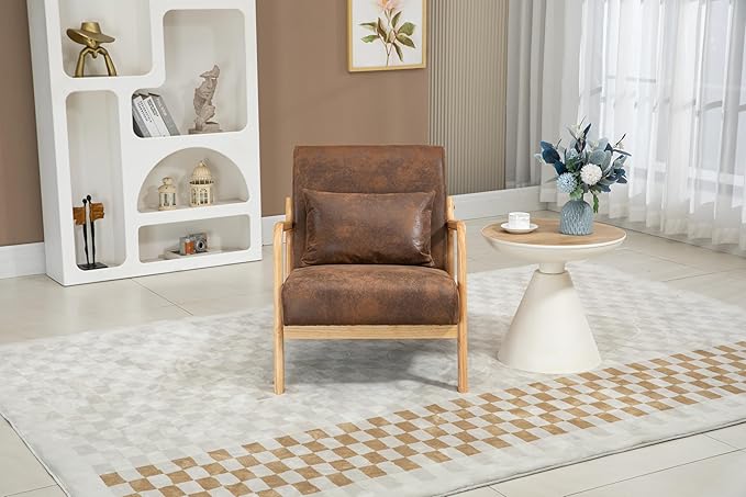 KEIKI Mid Century Modern Accent Chair, Upholstered Reading Chair with Extra Lumbar Pillow, Natural Jute Fabric, Easy Assembly