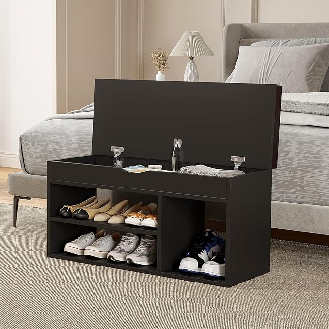 Apicizon Entryway Bench with Shoe Storage, Black, 2-Tier Shoe Rack, Padded Cushion, Wooden Frame