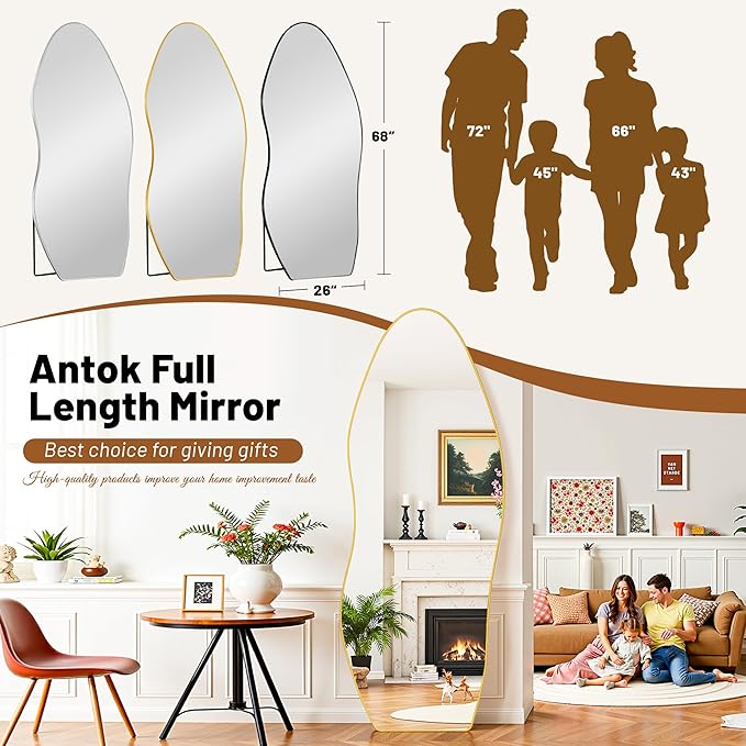 Antok Full Length Mirror, 68"x26" Floor Mirror with Stand, Standing Hanging Leaning Irregular Mirrors for Bedroom Living Room Entryway, Wavy Shaped, Golden