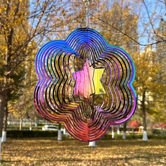 Wind Spinner Outdoor Metal 3D Wind Spinner Hanging Yard Garden Decor Gifts Stainless Steel Six-Pointed Star Spinners with 360° Rotating Hook