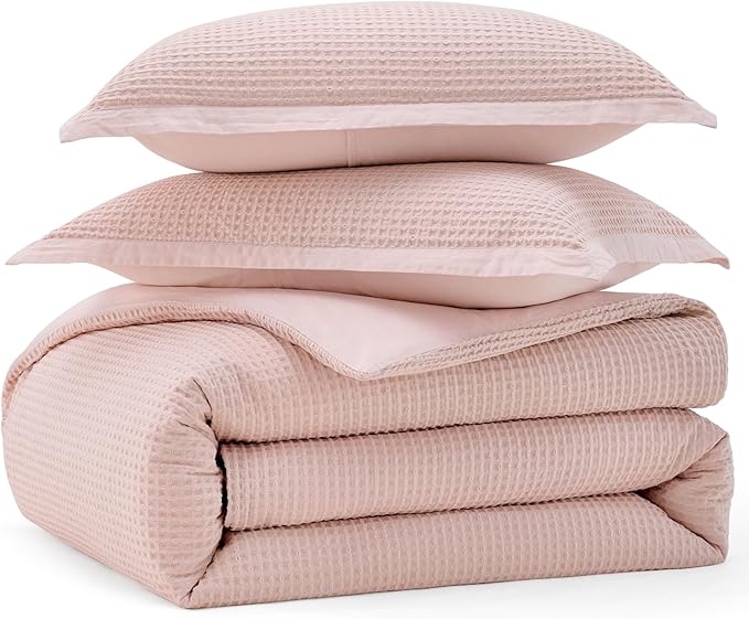 Bedsure Cotton Duvet Cover Queen - 100% Cotton Waffle Weave Pink Duvet Cover Queen Size, GentleSoft™ and Breathable Bedding Set for All Season, 3 Pieces, 90"x90"