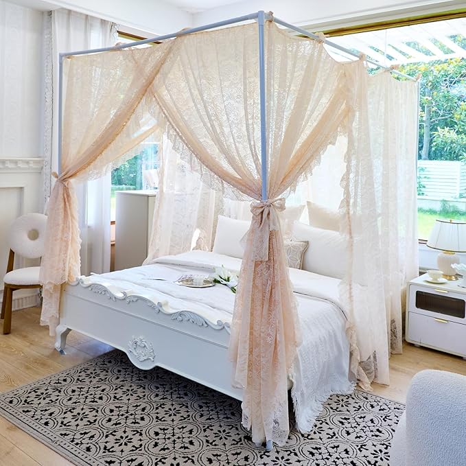 AIKASY Elegant Lace Princess 4-Poster Bed Canopy Mosquito Net - Romantic Wedding Bridal Bedroom Decor, Kids Room Bed Curtain for Women Adults - (Cream-1,Queen)