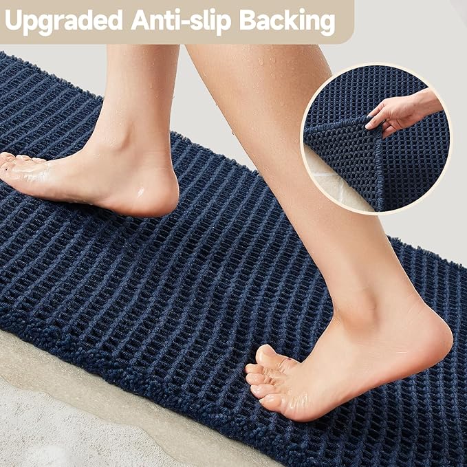 Waffle Bath Mat, Boho Bathroom Rugs Non Slip Washable Super Absorbent Quick Dry Bath Mat Farmhouse Bathroom Decor, 48"x24" Navy Blue