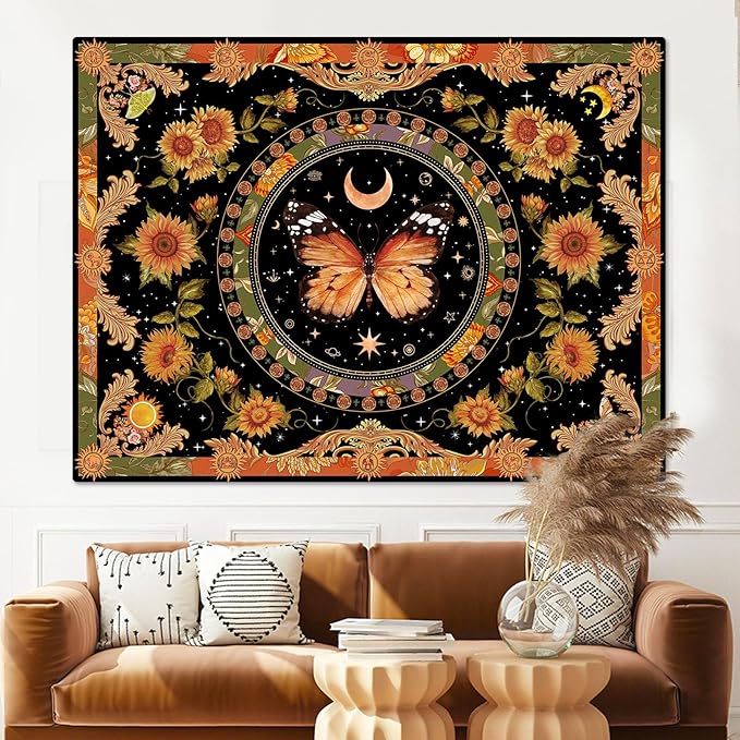 Accnicc Butterfly Floral Tapestry Vintage Indie Boho Flower Tapestries for Bedroom Aesthetic Retro Yellow Sunflower Moth Tapestry Wall Hanging for Dorm Living Room (80'' × 60'')