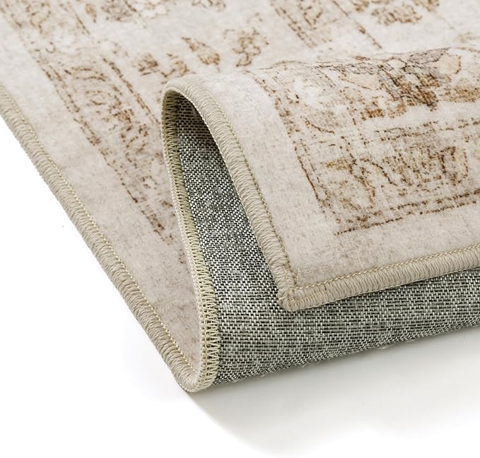 2x6 Beige Runner Rug Washable Hallway Vintage Carpet Kitchen Distressed Small Long Non Slip Low Pile Thin Bedroom Medallion Accent Throw Rug Laundry Living Room