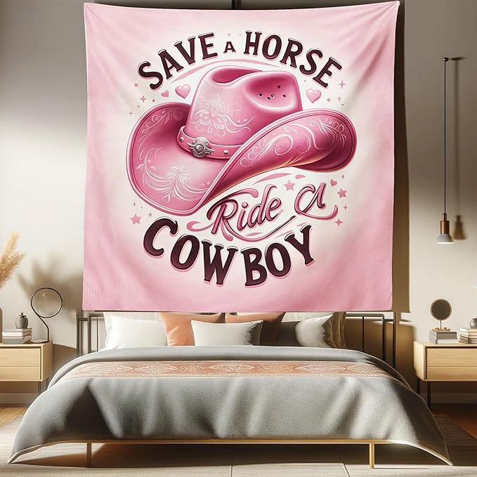 Ambesonne Funny Tapestry Queen Size, Humorous Feminine Design with Hat and Save a Horse Ride a Cowboy Lettering, Wall Hanging Bedspread Bed Cover Wall Decor, 88" X 88", Pink and Seal Brown