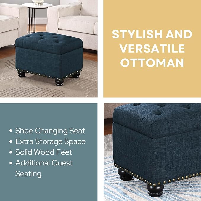 Convenience Concepts Designs4Comfort 5th Avenue Upholstered Storage Ottoman 24" - Contemporary Foot Stool and Seat with Hinged Lid for Living Room, Dining Room, Office, Den, Dark Blue Fabric