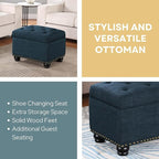 Convenience Concepts Designs4Comfort 5th Avenue Upholstered Storage Ottoman 24" - Contemporary Foot Stool and Seat with Hinged Lid for Living Room, Dining Room, Office, Den, Dark Blue Fabric