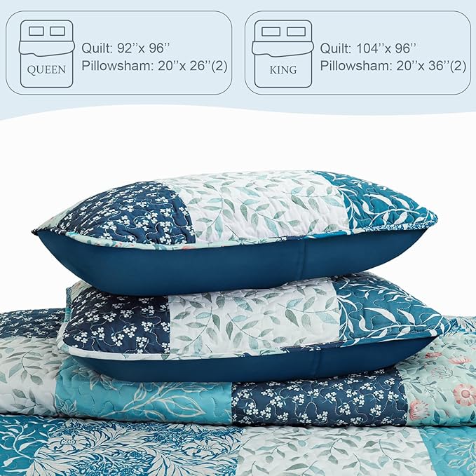 Exclusivo Mezcla Reversible Boho Quilts King Size, Navy Blue Bedspreads Lightweight Coverlet All Season Patchwork Quilt Bedding Set with Printed Floral Pattern (1 Quilt, 2 Pillow Shams)