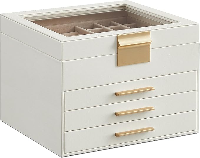 SONGMICS GISELLA Collection - Jewelry Box Organizer, 4-Layer Jewelry Storage with 3 Drawers, Shiny Metal Hardware, Glass Lid, Modern, 8 x 9.1 x 6.5 Inches, Cloud White and Gold Color UJBC173W01