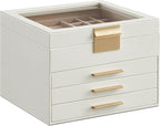 SONGMICS GISELLA Collection - Jewelry Box Organizer, 4-Layer Jewelry Storage with 3 Drawers, Shiny Metal Hardware, Glass Lid, Modern, 8 x 9.1 x 6.5 Inches, Cloud White and Gold Color UJBC173W01