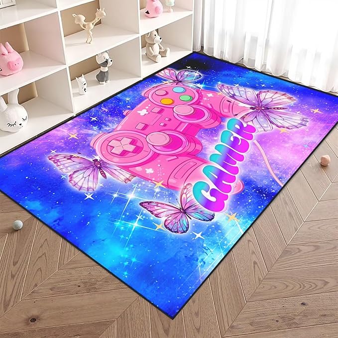 Gaming Rugs for Girls Bedroom Decor Butterfly Rug 3x5 Ft Teen Girls Gamer Area Rug Blue and Pink Carpet for Kids Room,Gaming Room,Dorms,Playroom & Apartment Non-Slip Floor Mat