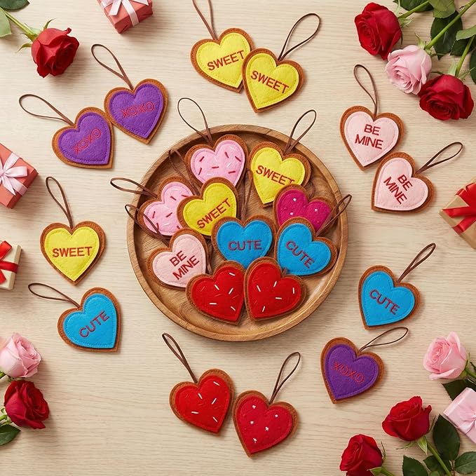 Tatuo 24 Pcs Valentines Felt Heart Ornaments for Tree Decorations Felt Conversation Heart Ornaments Colorful Hanging Valentines Day Tree Decor for Home Decor Party Decoration DIY Crafts